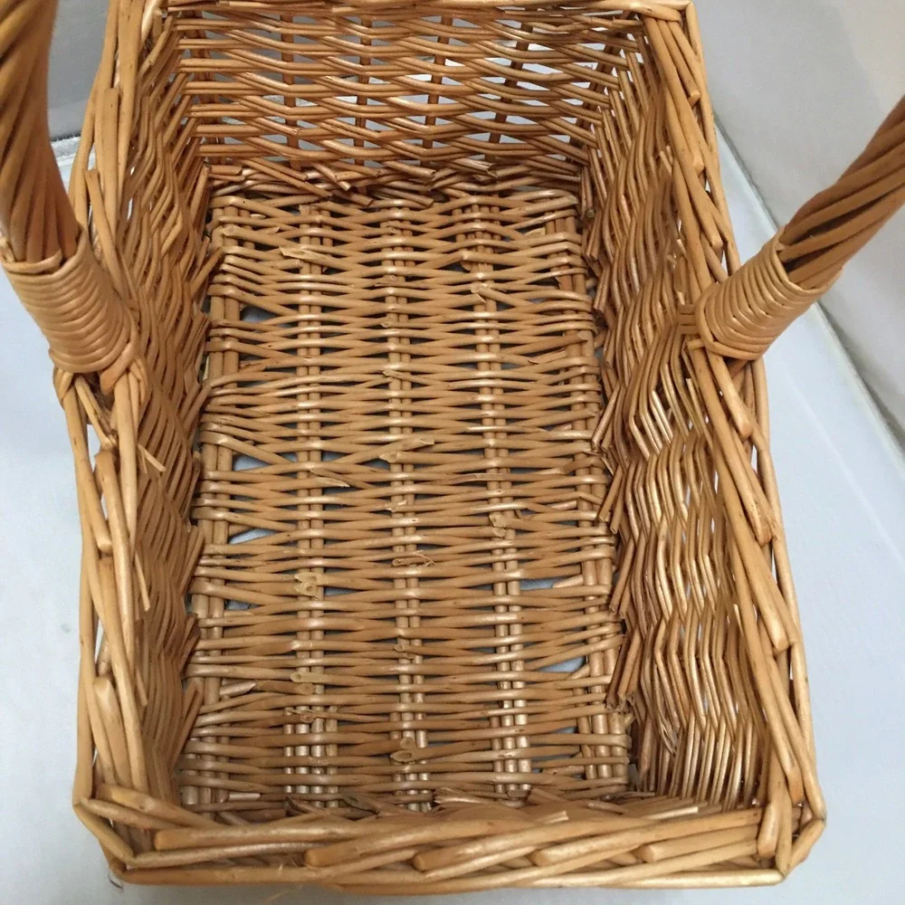 Wicker Basket Unisex Medium Tan Rectangular Woven Willow with Handle Cottagecore